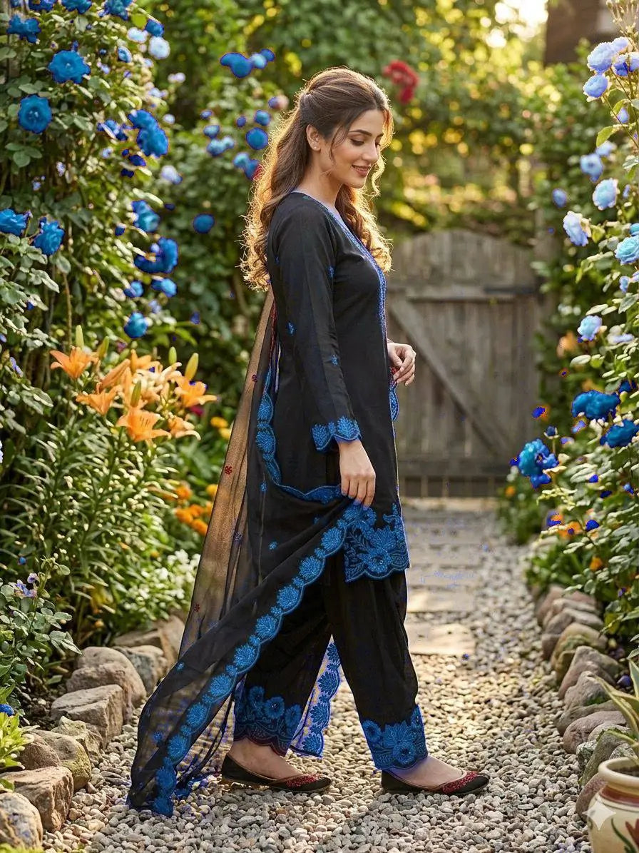 Elegant black Embroidered Crepe Silk Suit Set for Festive and Party Wear