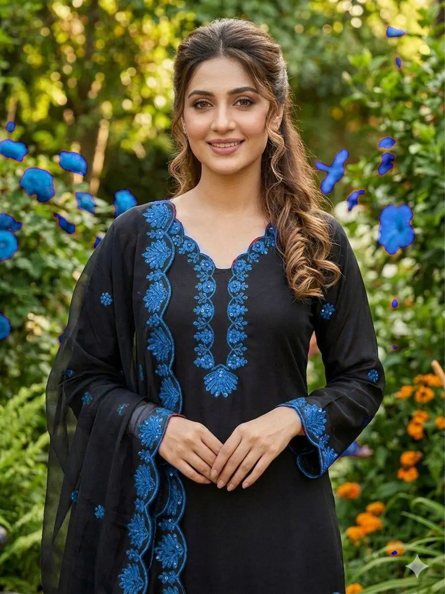 Elegant black Embroidered Crepe Silk Suit Set for Festive and Party Wear