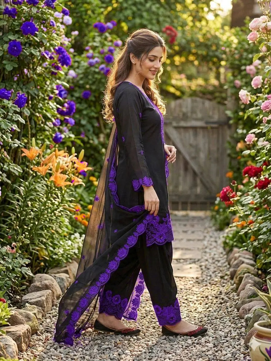 Elegant black Embroidered Crepe Silk Suit Set for Festive and Party Wear
