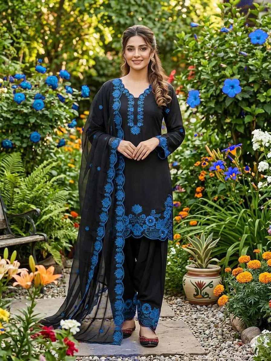 Elegant black Embroidered Crepe Silk Suit Set for Festive and Party Wear