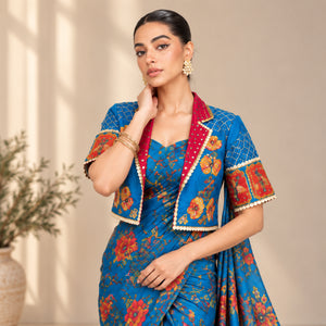 Blue Floral Ready to Wear Saree with Jacket