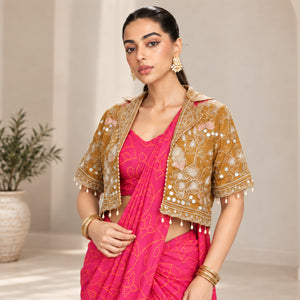 Pink Bandhani Pre-Draped Saree with Mirror Jacket