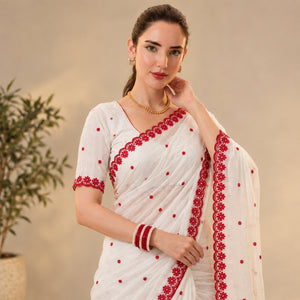 White Red Crinkle Silk Saree for Durga Puja