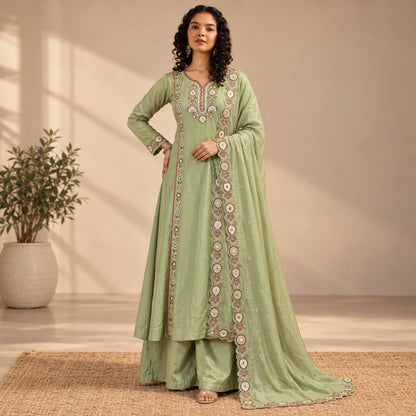 Mul Chanderi Embroidered Kurta Palazzo Set