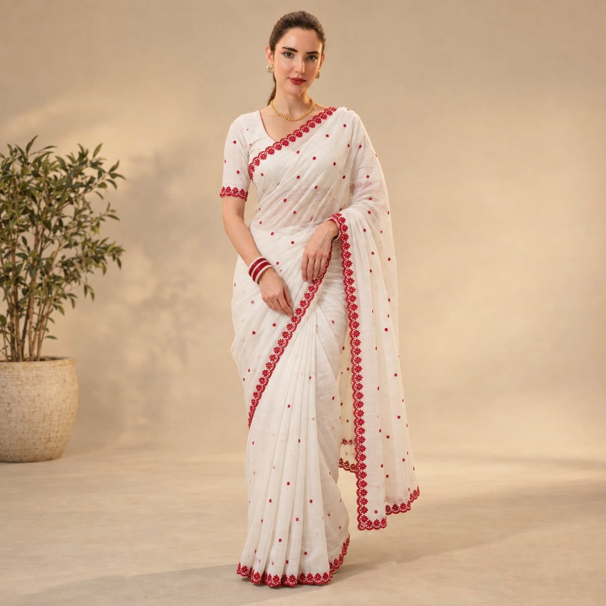 White Red Crinkle Silk Saree for Durga Puja