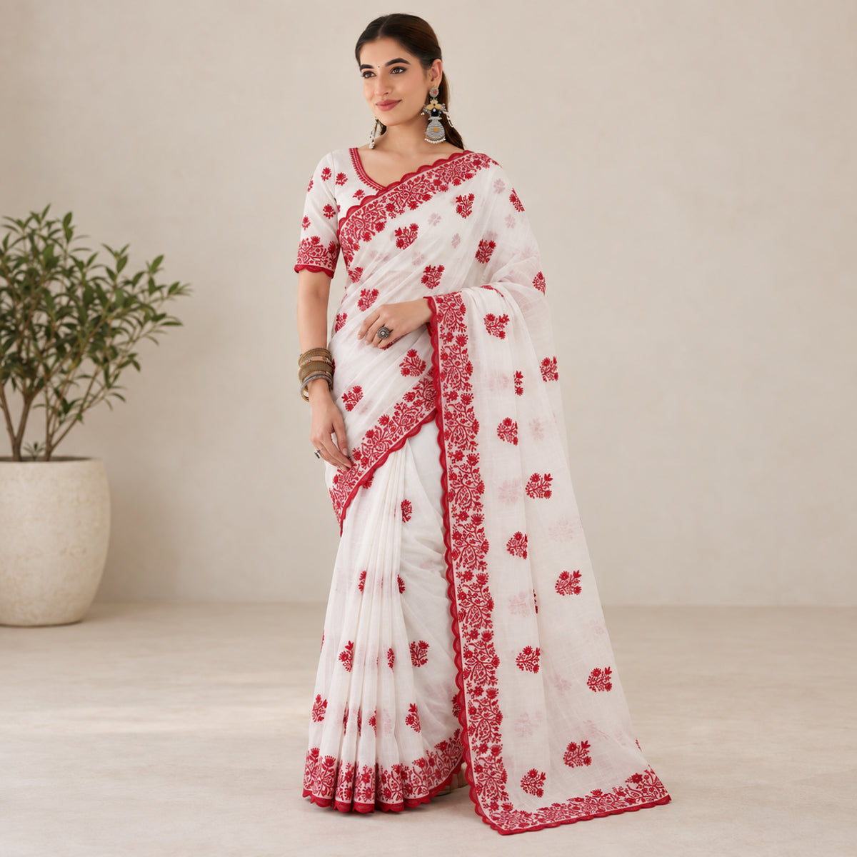 White Red Crinkle Silk Saree for Durga Puja Special