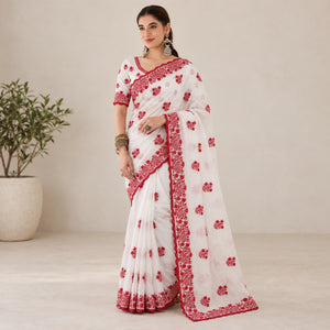 White Red Crinkle Silk Saree for Durga Puja Special