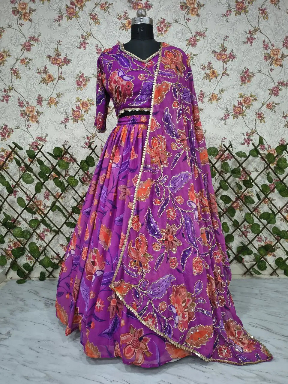 Embellished Floral Georgette Lehenga Set