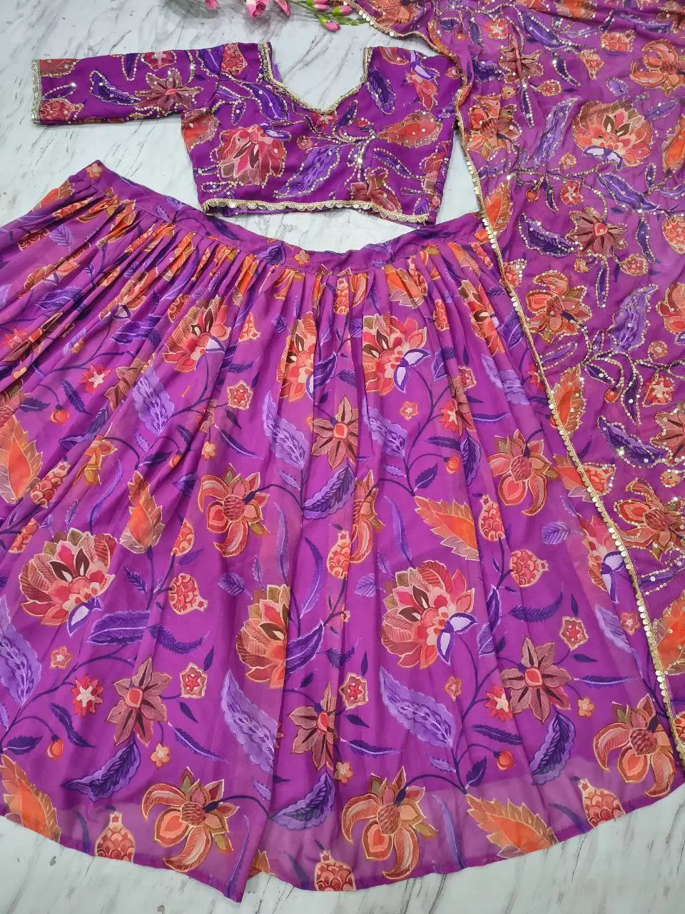 Embellished Floral Georgette Lehenga Set