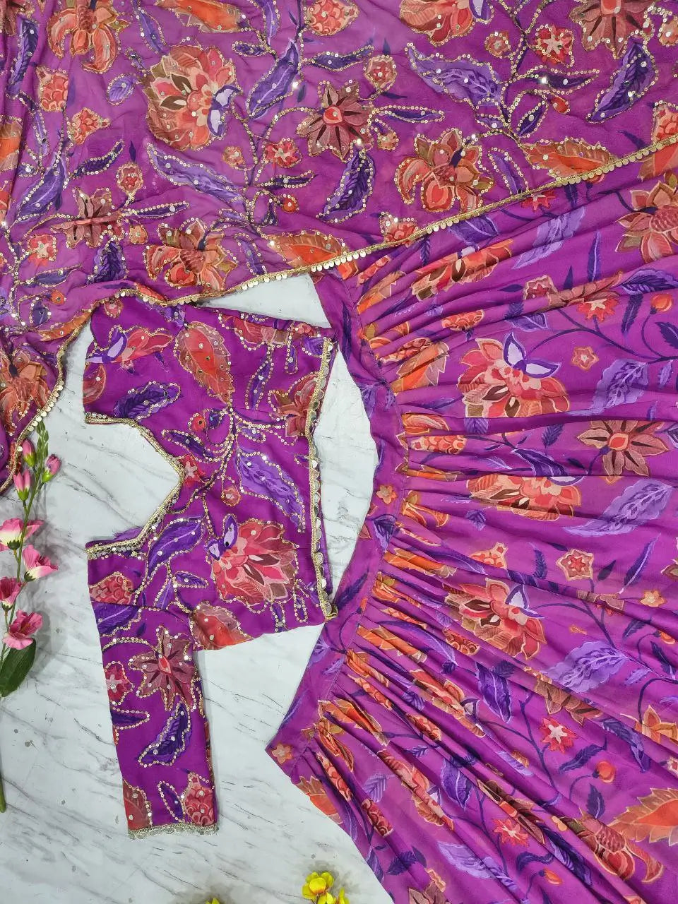 Embellished Floral Georgette Lehenga Set