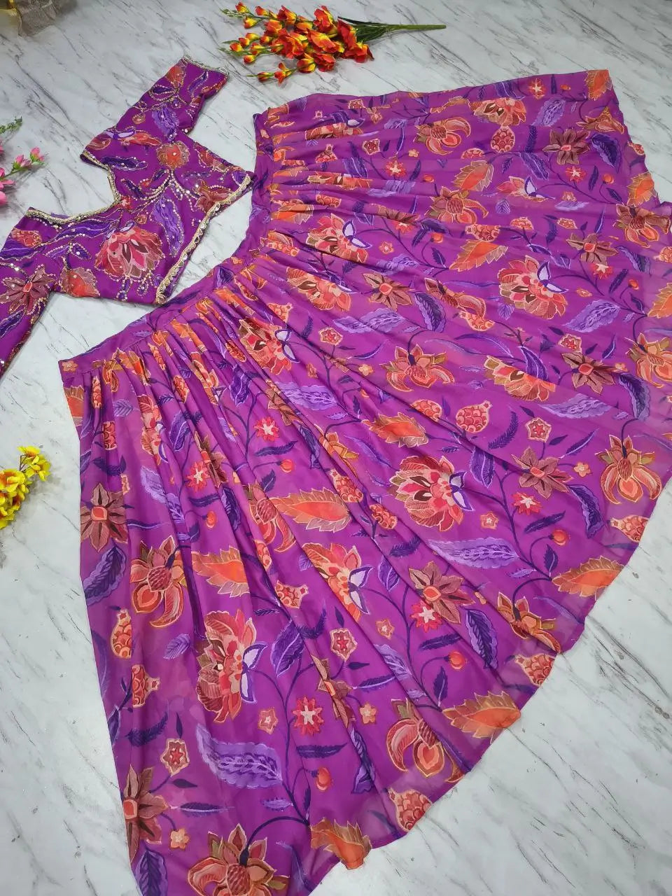 Embellished Floral Georgette Lehenga Set