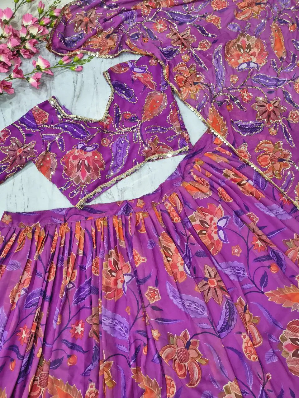 Embellished Floral Georgette Lehenga Set