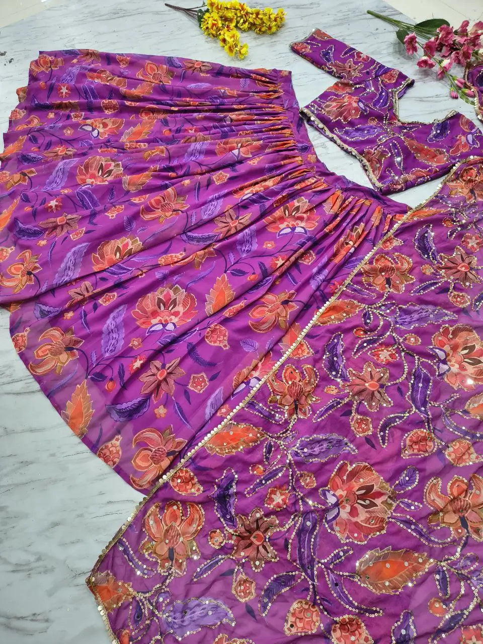 Embellished Floral Georgette Lehenga Set