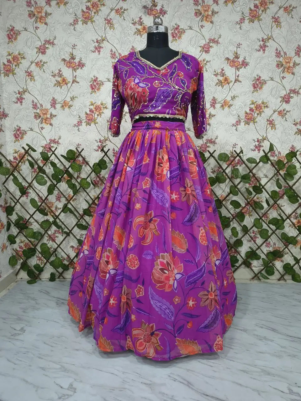 Embellished Floral Georgette Lehenga Set