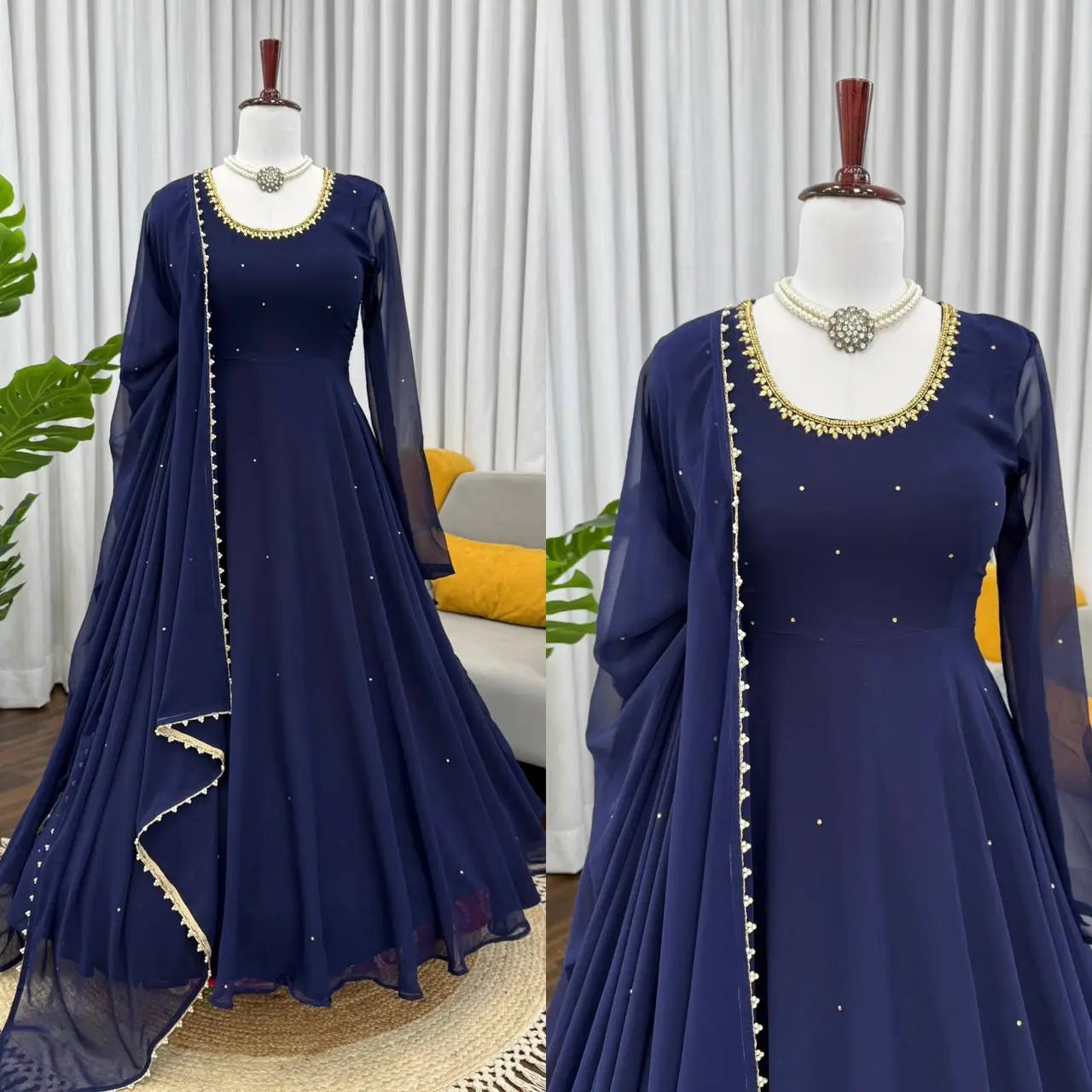 Embellished Georgette Gown Set with Dupatta