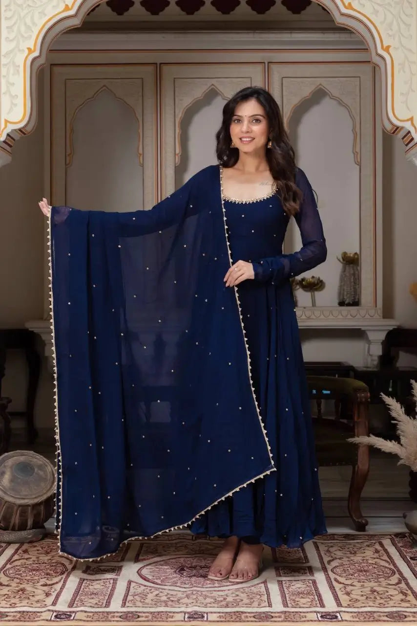 Embellished Georgette Gown Set with Dupatta