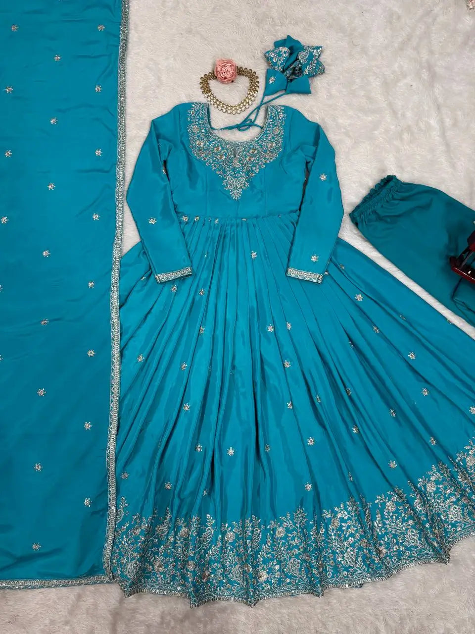 Embroidered American Silk Anarkali Gown Set with Dupatta and Pant