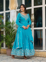 Embroidered American Silk Anarkali Gown Set with Dupatta and Pant