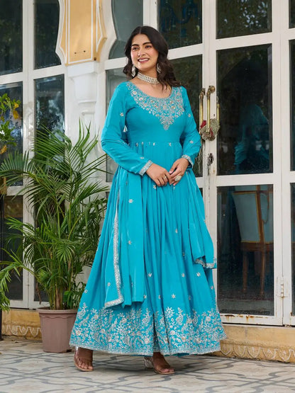 Embroidered American Silk Anarkali Gown Set with Dupatta and Pant
