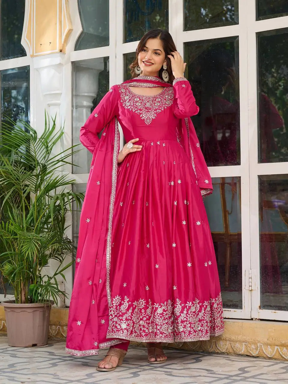 Embroidered American Silk Anarkali Gown Set with Dupatta and Pant