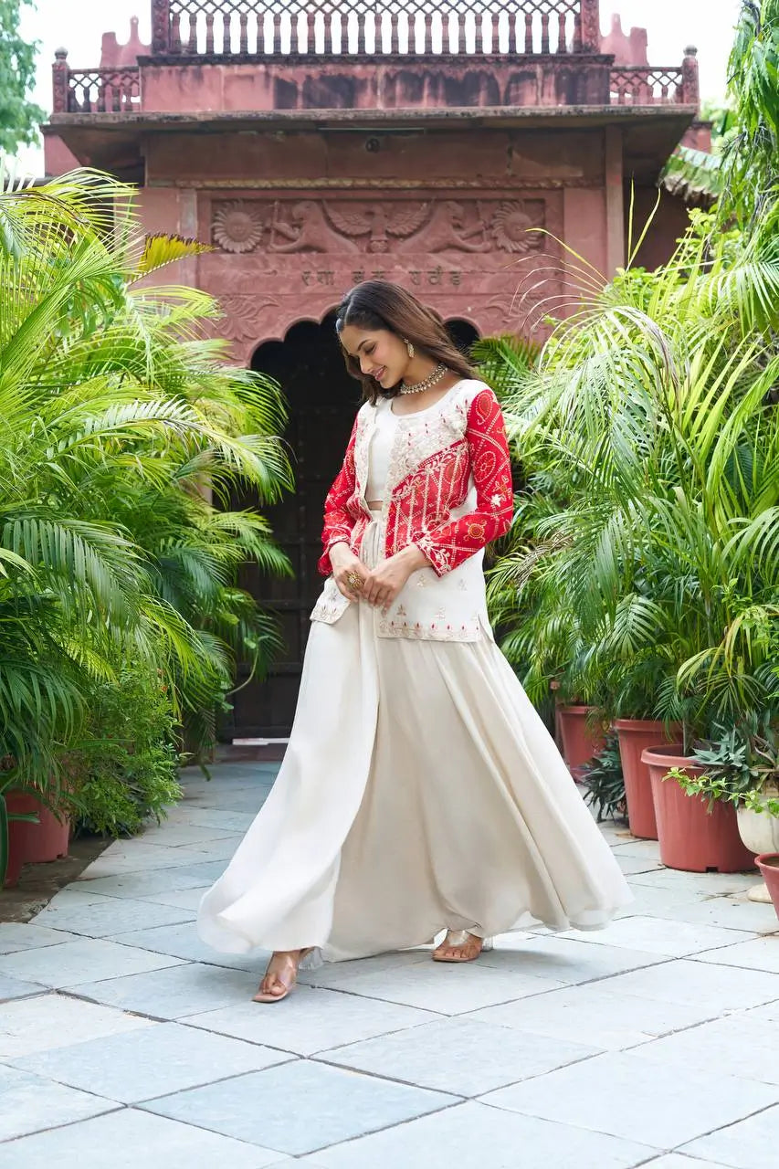 Embroidered Bandhej Koti with Choli and Palazzo Set