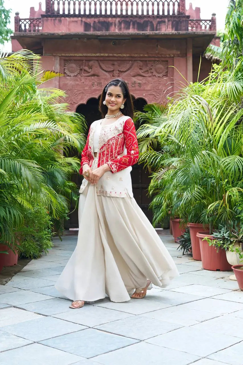 Embroidered Bandhej Koti with Choli and Palazzo Set