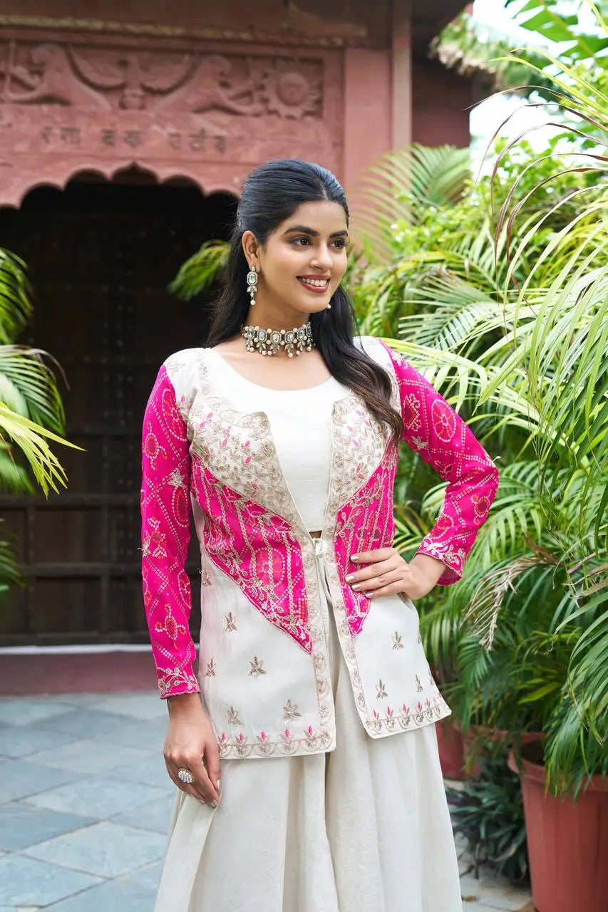 Embroidered Bandhej Koti with Choli and Palazzo Set
