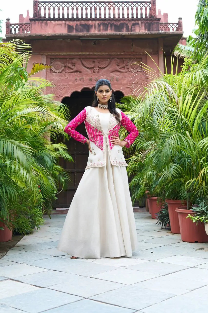 Embroidered Bandhej Koti with Choli and Palazzo Set