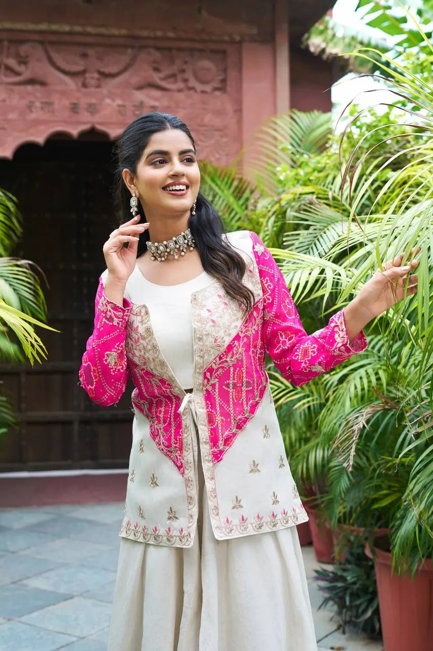 Embroidered Bandhej Koti with Choli and Palazzo Set
