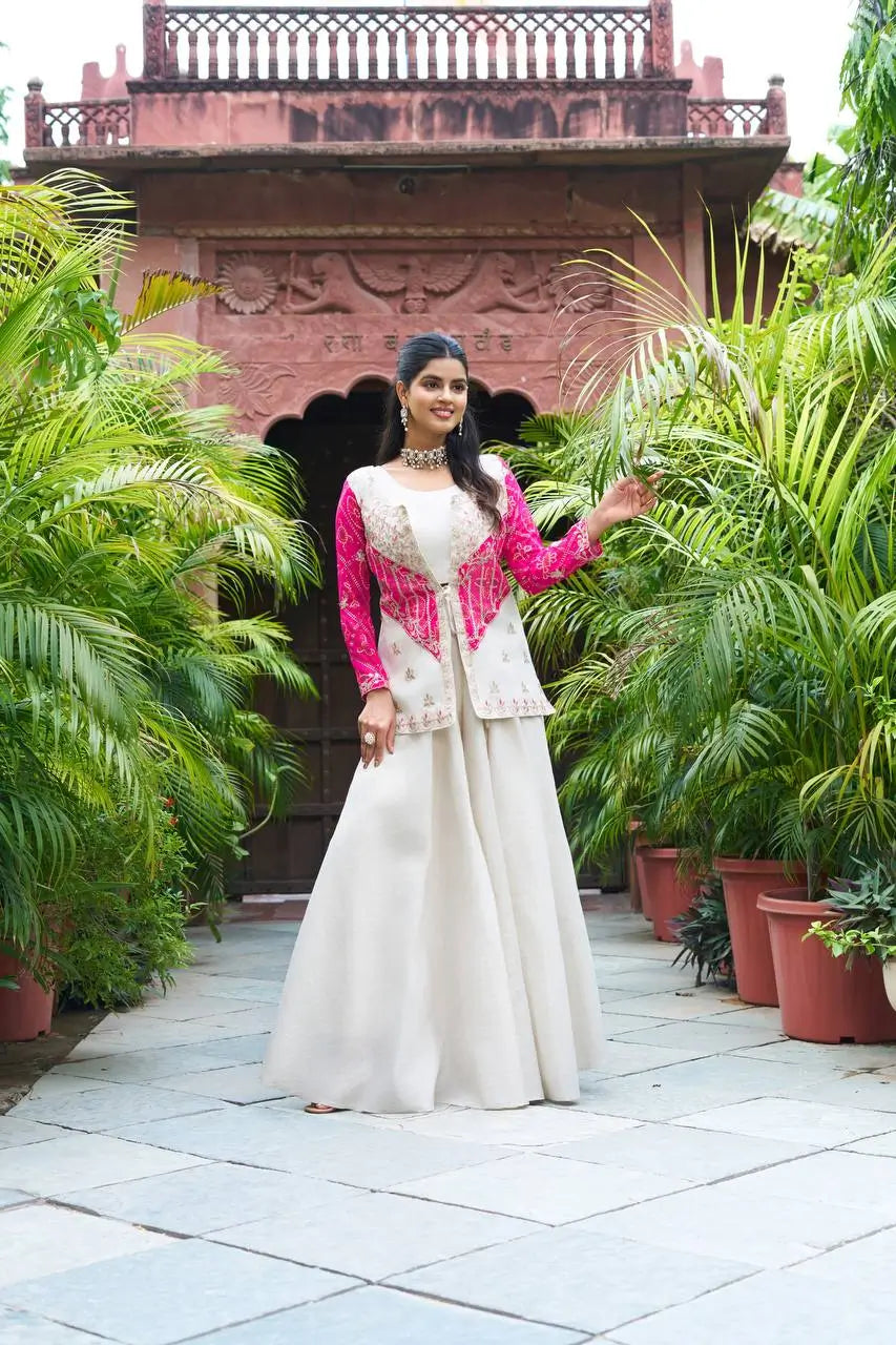 Embroidered Bandhej Koti with Choli and Palazzo Set