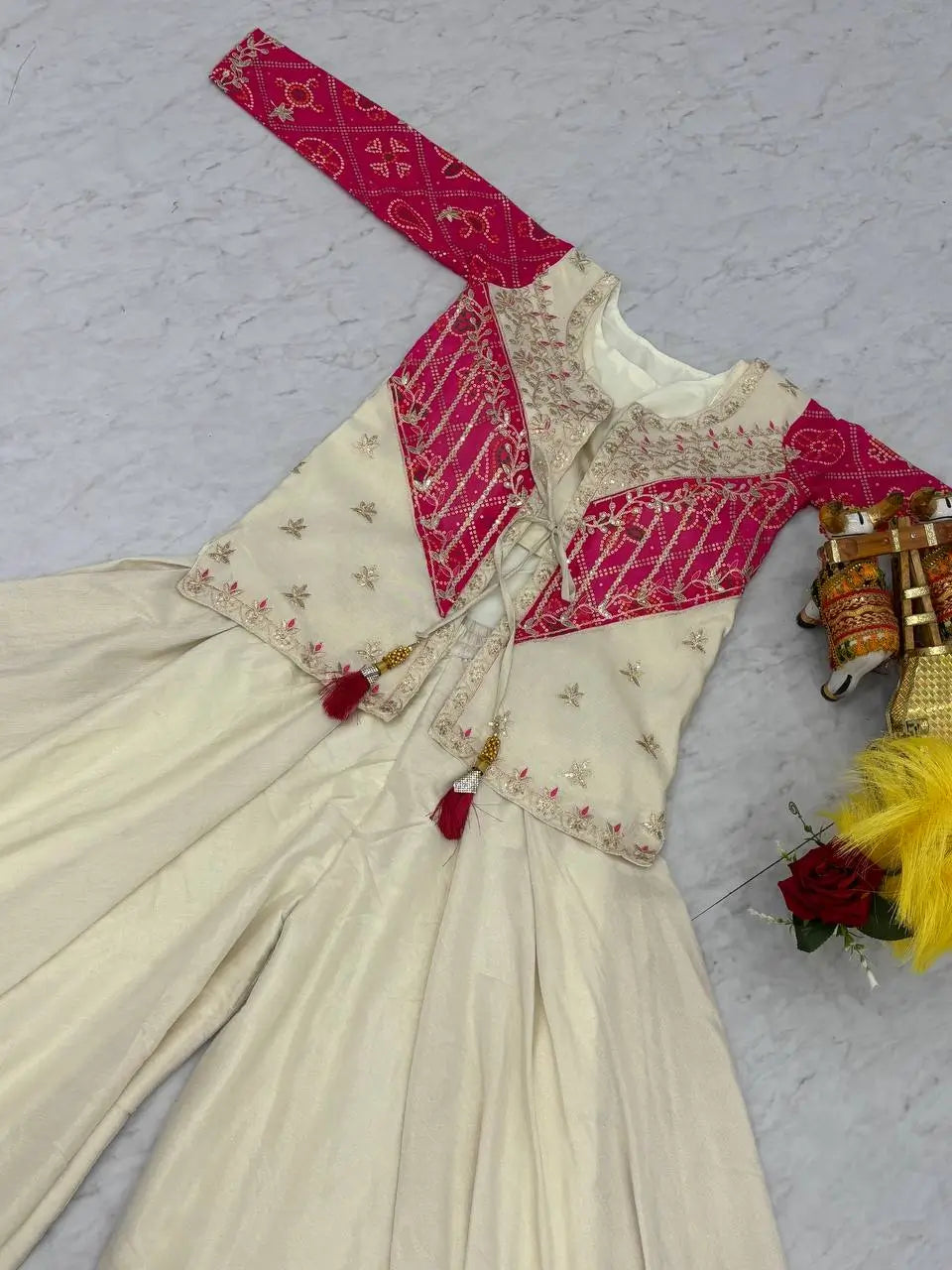Embroidered Bandhej Koti with Choli and Palazzo Set