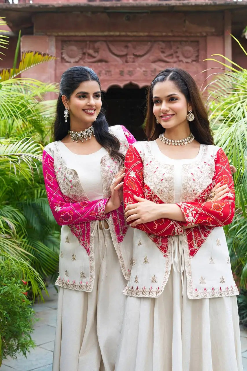 Embroidered Bandhej Koti with Choli and Palazzo Set