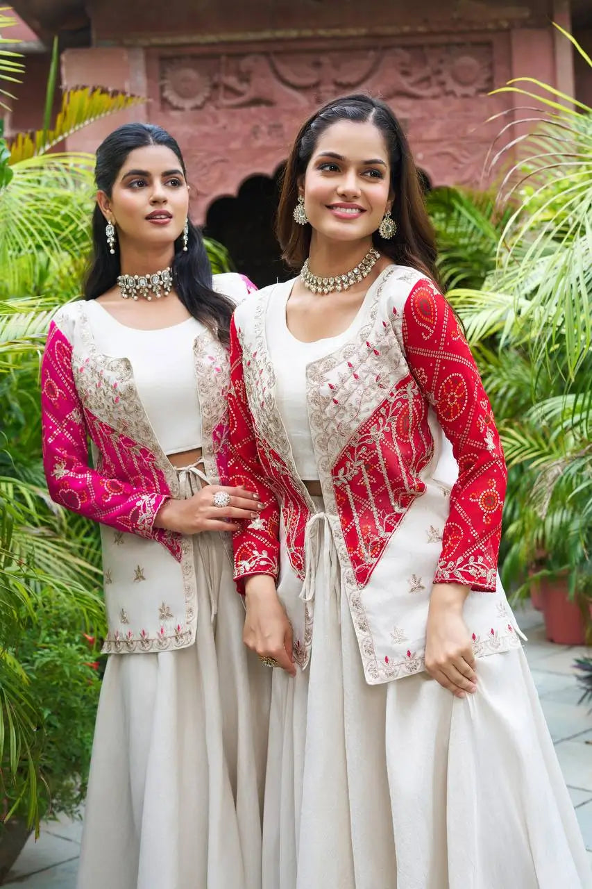 Embroidered Bandhej Koti with Choli and Palazzo Set