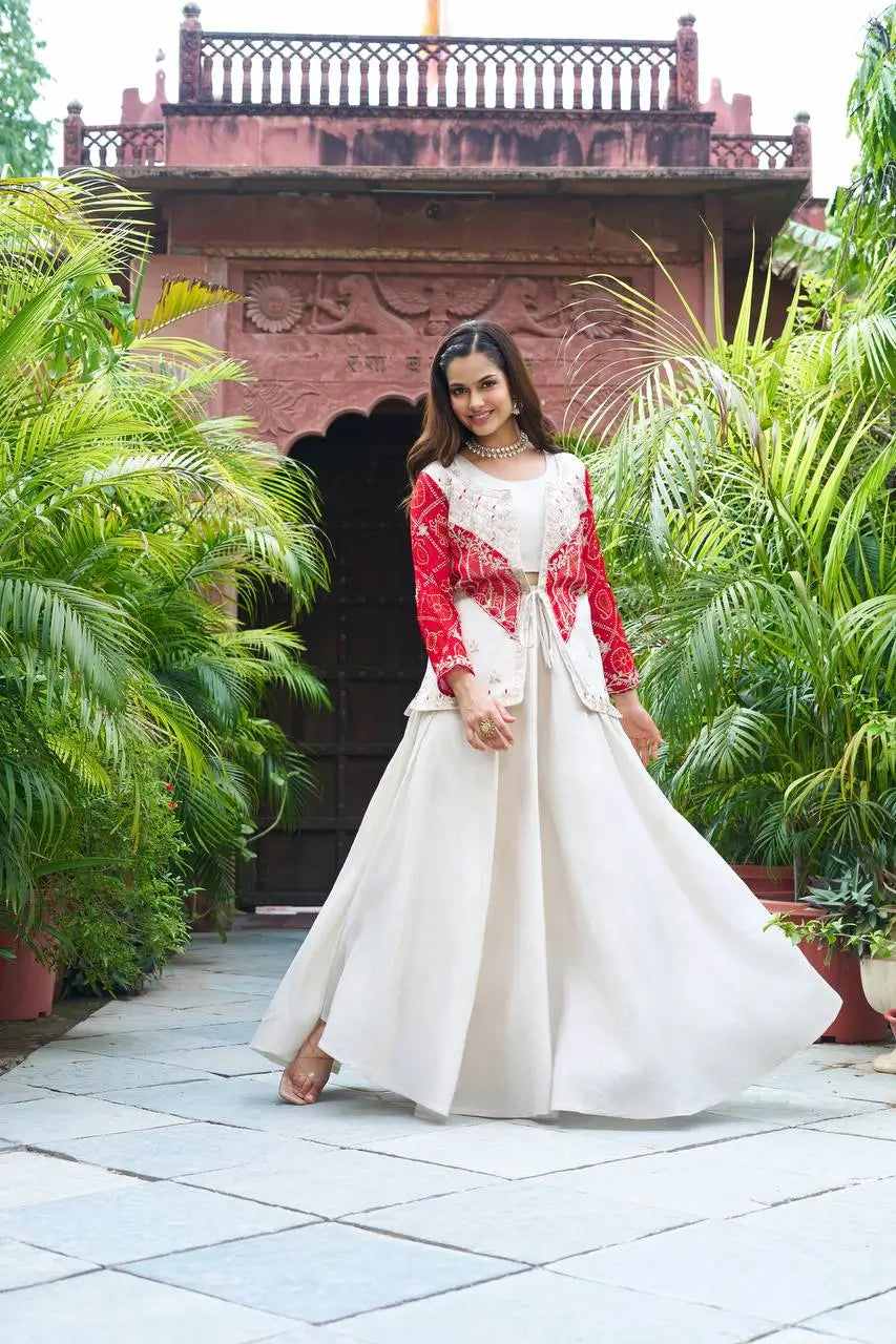 Embroidered Bandhej Koti with Choli and Palazzo Set