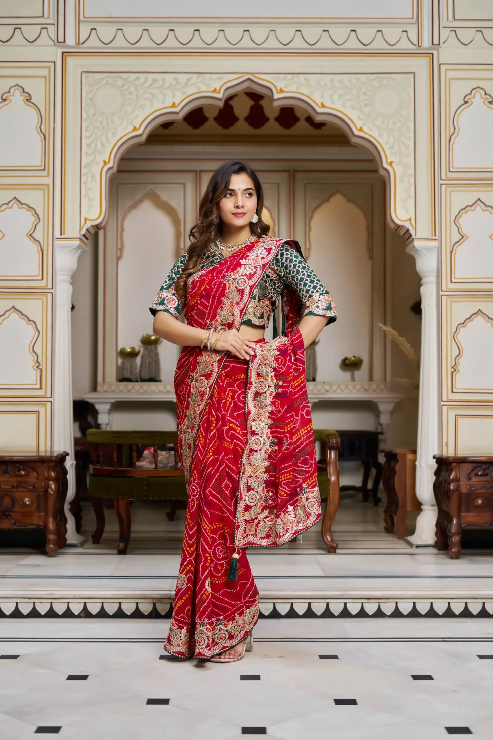 Embroidered Bandhej Saree