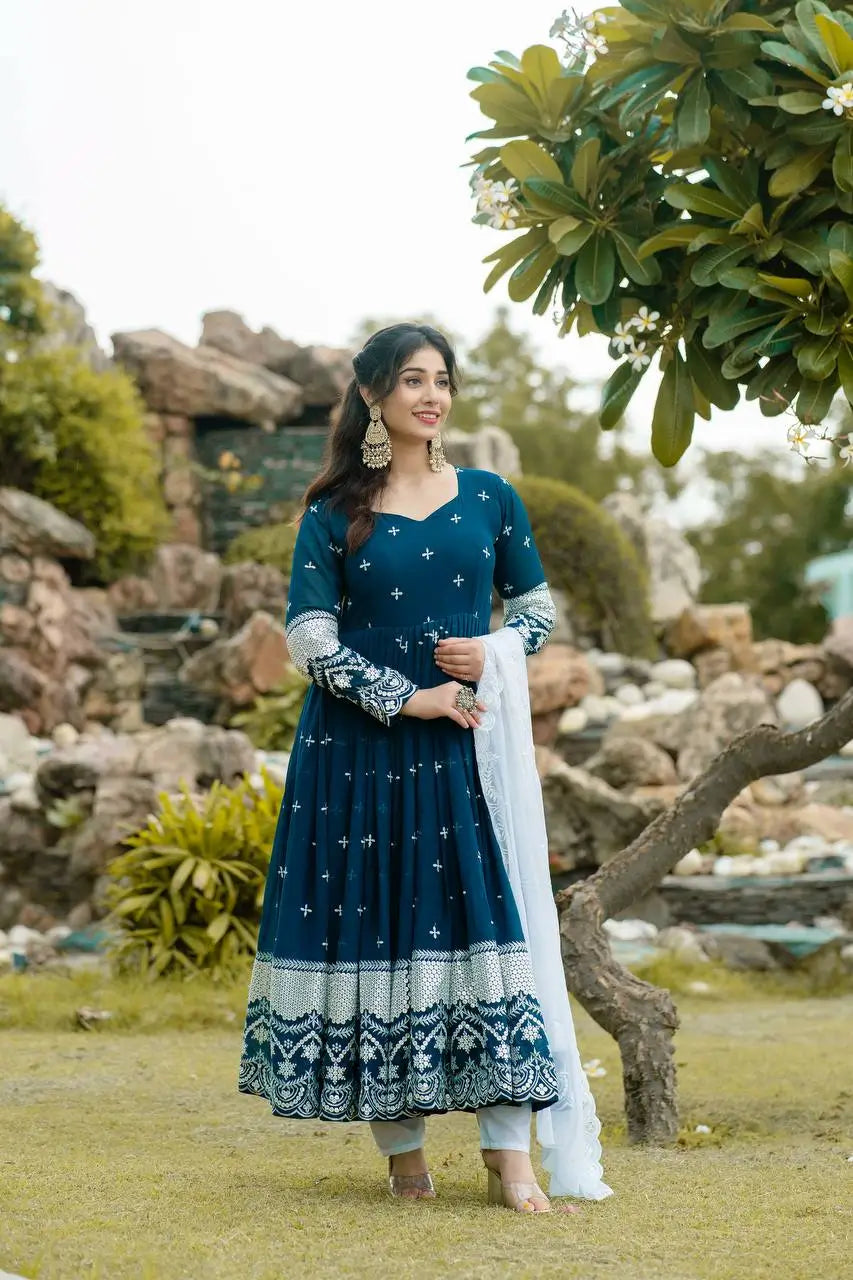 Embroidered Blooming Anarkali Gown Set with Dupatta