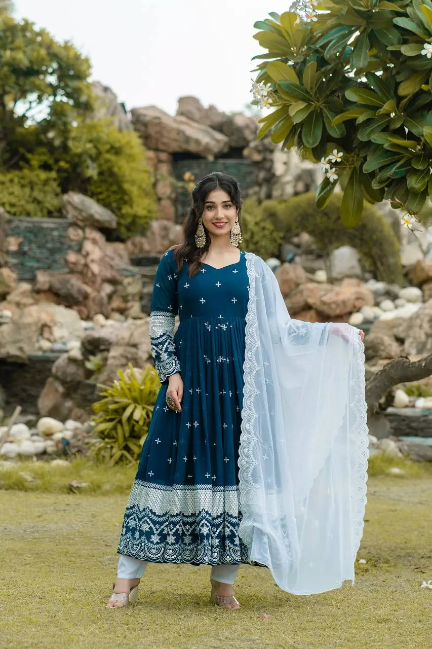Embroidered Blooming Anarkali Gown Set with Dupatta