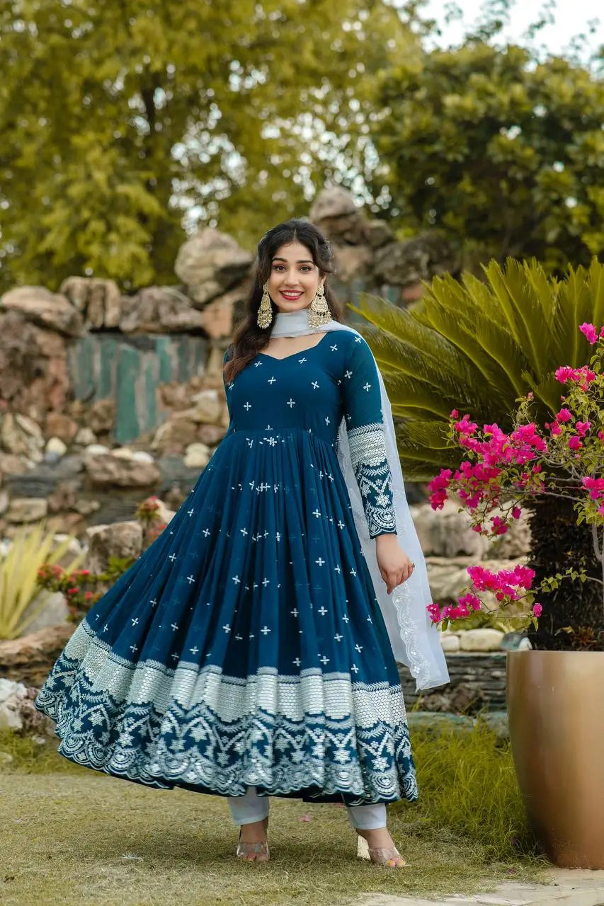 Embroidered Blooming Anarkali Gown Set with Dupatta
