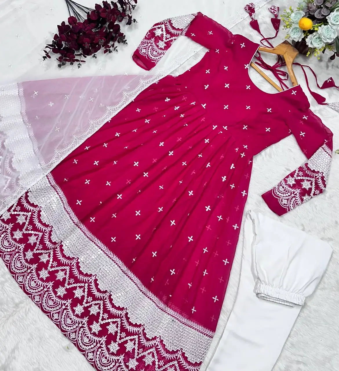 Embroidered Blooming Anarkali Gown Set with Dupatta