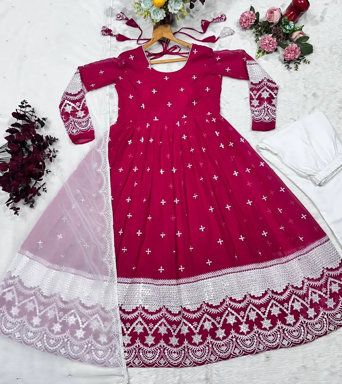 Embroidered Blooming Anarkali Gown Set with Dupatta