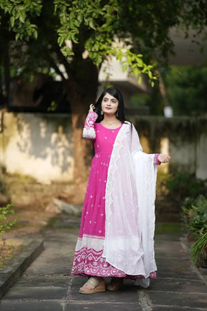 Embroidered Blooming Anarkali Gown Set with Dupatta