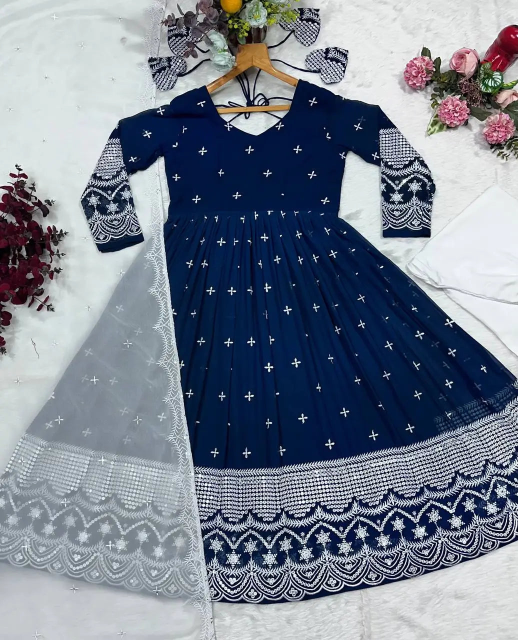 Embroidered Blooming Anarkali Gown Set with Dupatta