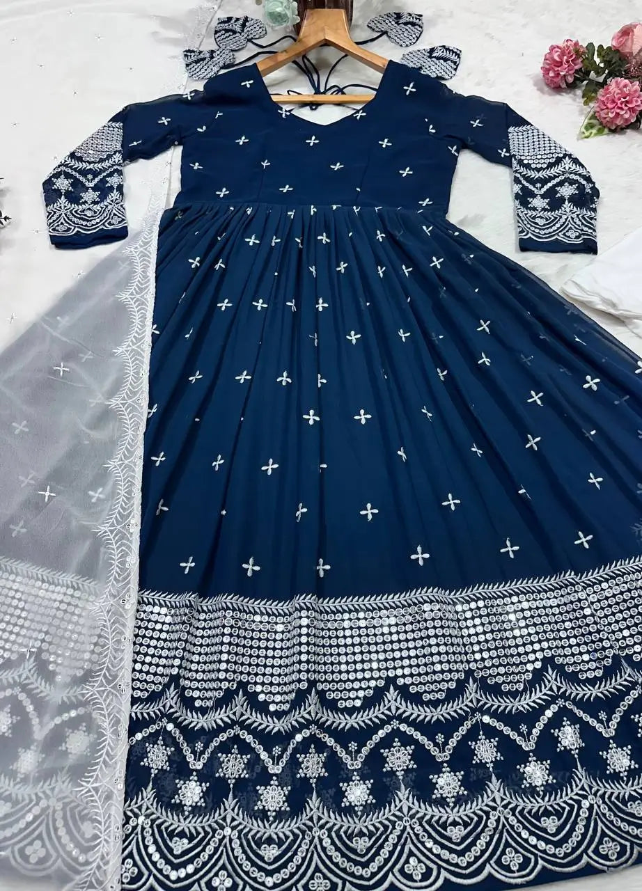 Embroidered Blooming Anarkali Gown Set with Dupatta