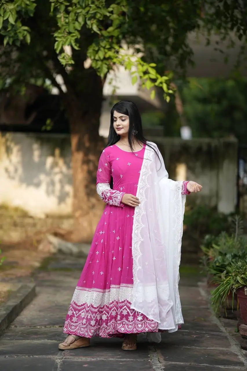 Embroidered Blooming Anarkali Gown Set with Dupatta