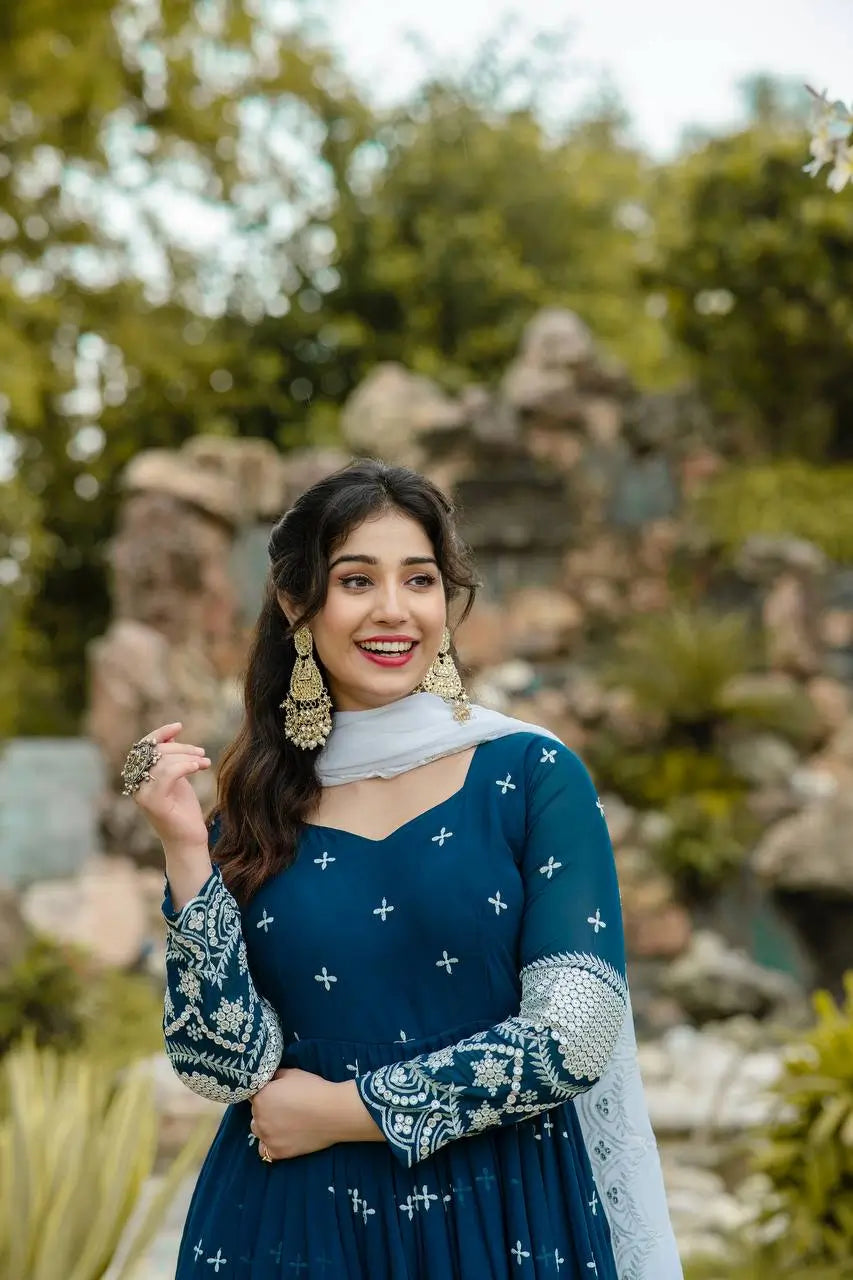 Embroidered Blooming Anarkali Gown Set with Dupatta