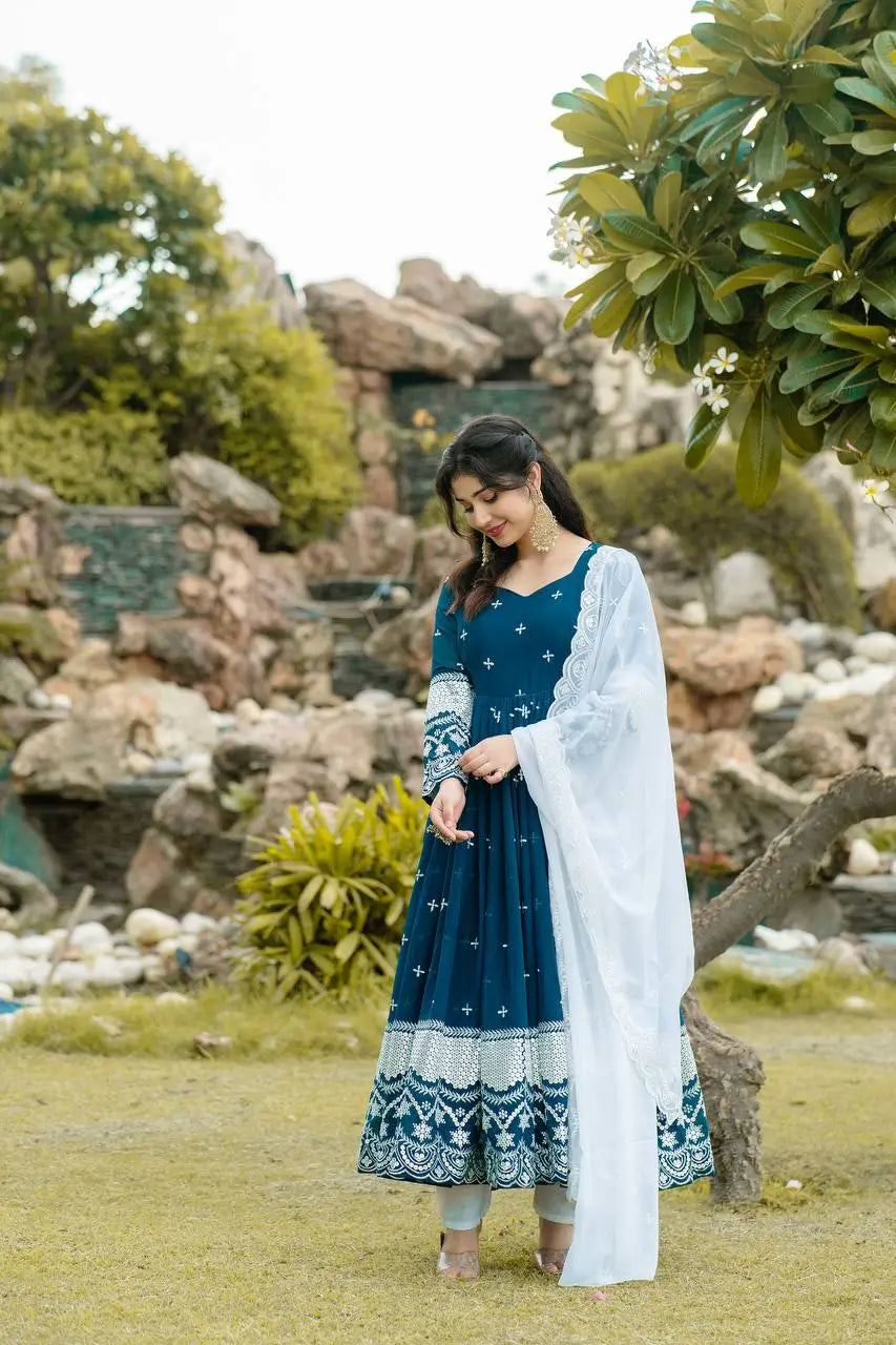 Embroidered Blooming Anarkali Gown Set with Dupatta