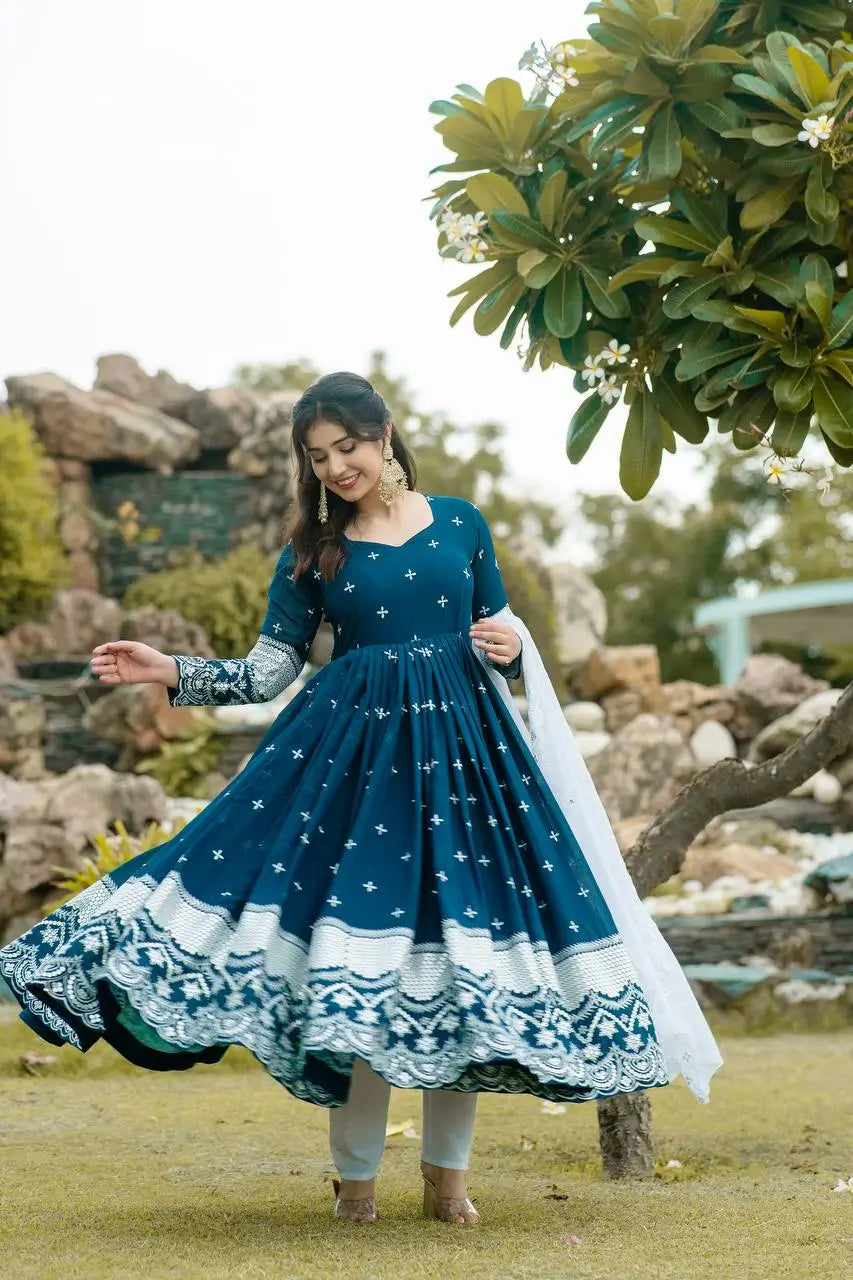 Embroidered Blooming Anarkali Gown Set with Dupatta
