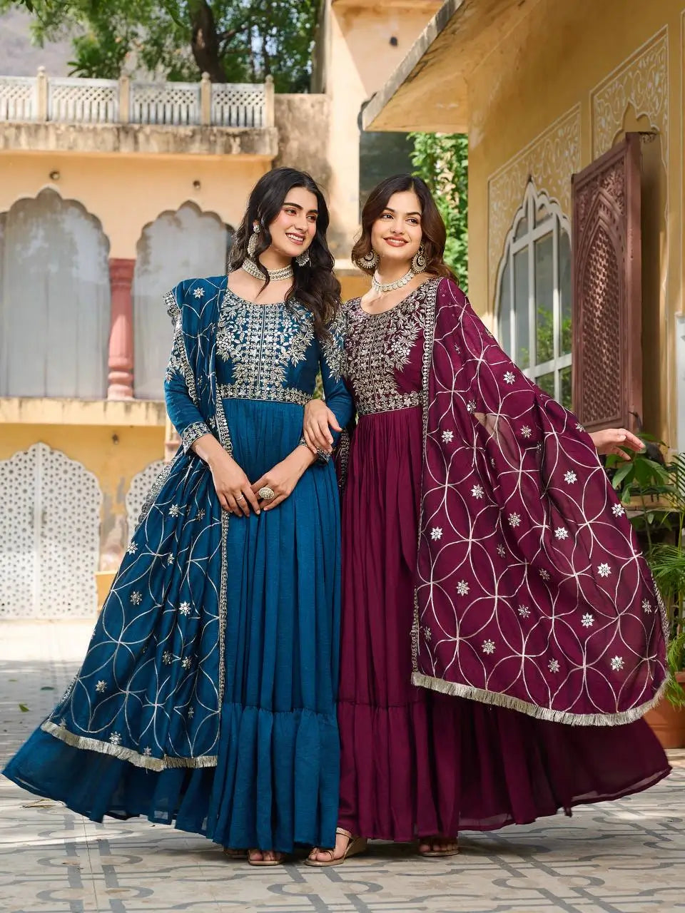 Embroidered Burberry Silk Flair Gown Set