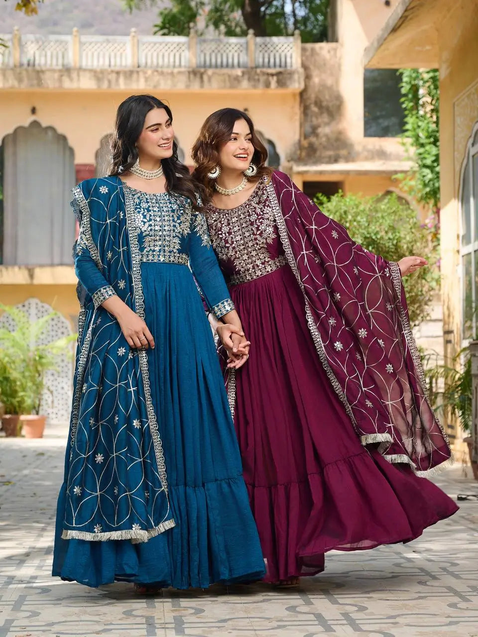 Embroidered Burberry Silk Flair Gown Set