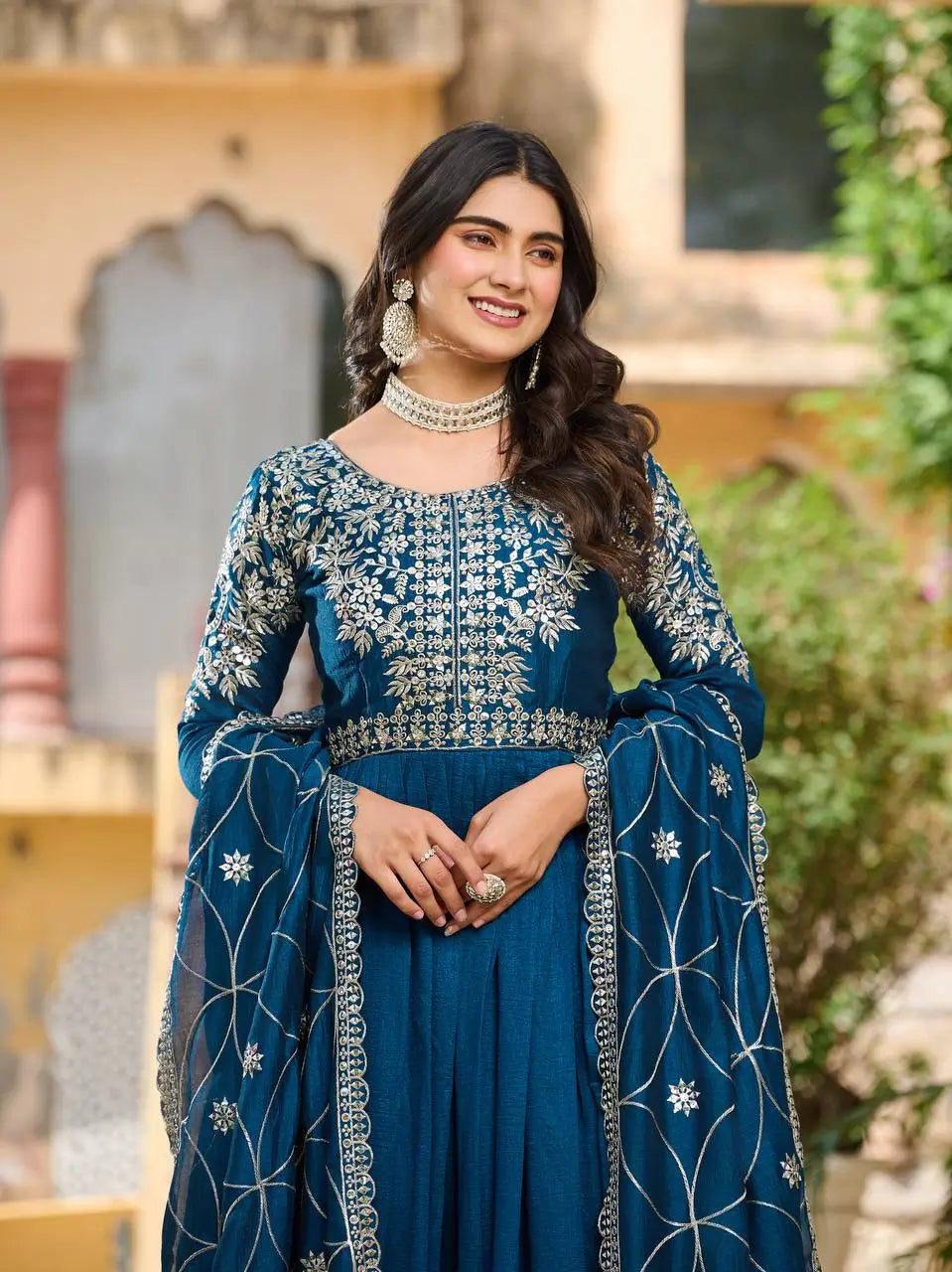 Embroidered Burberry Silk Flair Gown Set